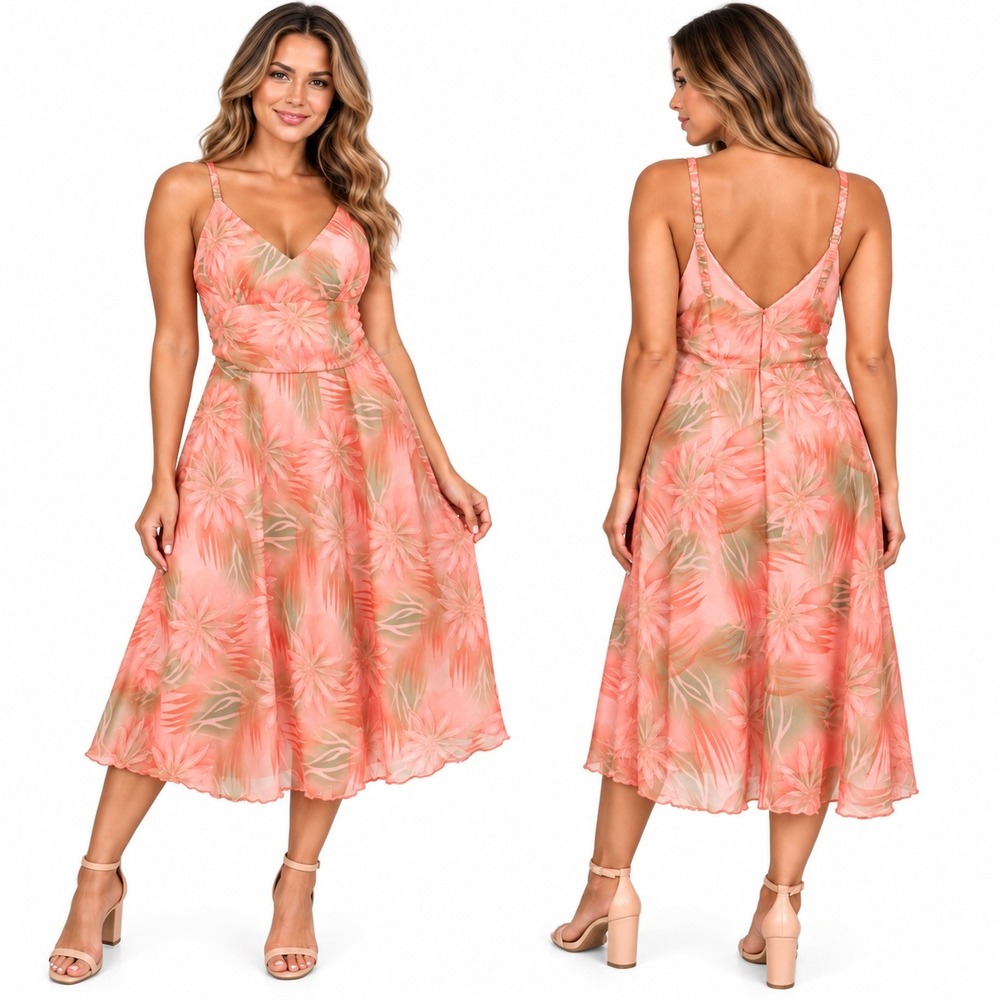 Vintage Studio 1940 Peach Tropical Floral Midi Dress V-Neck Spaghetti Strap 16